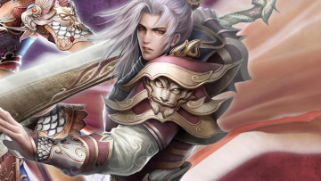 Картинка фэнтези люди парень меч длинные волосы взгляд