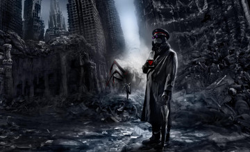 Картинка фэнтези люди романтика апокалипсиса руины кружка погоня паук город капитан alexiuss арт