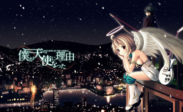 Картинка boku+ga+tenshi+ni+natta+wake аниме -angels+&+demons крылья парень fujimaru девушка boku ga tenshi ni natta wake арт ангел город высота дома снег гитара нимб огни река небо