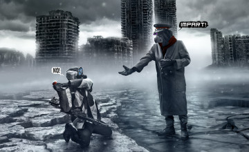 Картинка фэнтези люди романтика апокалипсиса alexiuss арт капитан снайпер кружка город руины зима