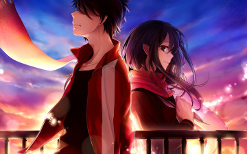 Картинка аниме mekakucity+actors шарф ветер арт парень kisaragi shintaro девушка tateyama ayano kagerou project mai перила забор