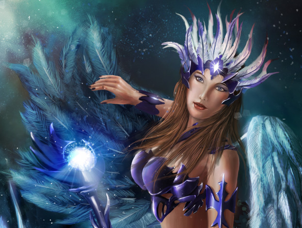 Обои картинки фото фэнтези, маги,  волшебники, перья, магия, волшебница, девушка, посох