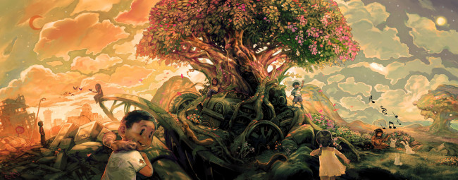 Обои картинки фото фэнтези, люди, постапокалипсис, руины, мир, дерево, дети, иной