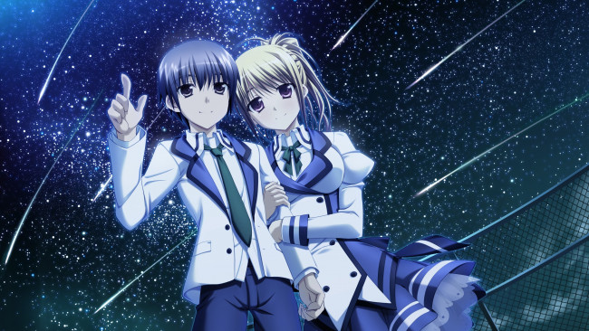 Обои картинки фото yaneura no kanojo, аниме, *unknown , другое, небо, девушка, парень, yaneura, no, kanojo, dp, minase, звезды, ночь, забор, арт