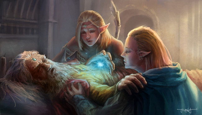 Обои картинки фото фэнтези, эльфы, прощание, ложе, сын, дочь, отец, старик