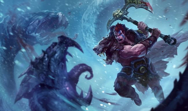 Обои картинки фото видео игры, league of legends, кровь, секира, топор, снег, оружие, головы, монстр, парень, darius, арт, league, of, legends
