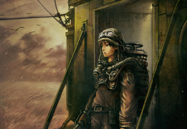 Обои картинки фото аниме, -weapon,  blood & technology, арт, toi, форма, военная, каска, оборудование, парень, number8