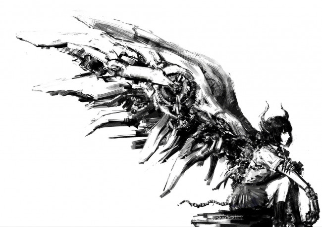 Обои картинки фото аниме, -angels & demons, арт, технологии, белый, фон, крыло, девушка