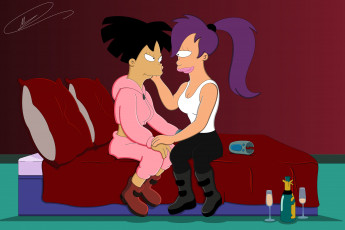 Картинка мультфильмы futurama бокалы вино подушки диван персонажи