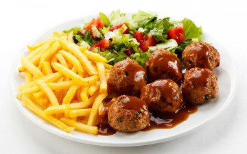 Картинка еда вторые+блюда салат помидоры тефтели картофель фри мясо tomatoes green meat котлеты