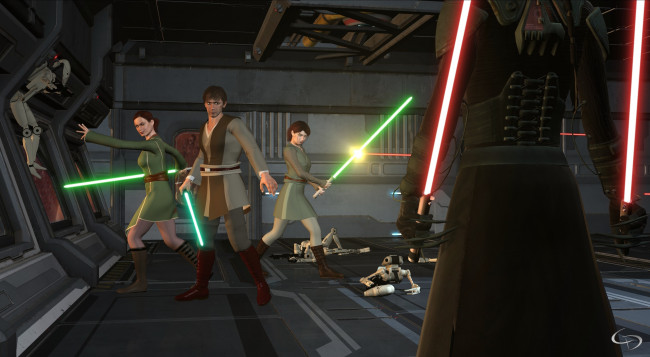 Обои картинки фото видео игры, star wars, девушки, взгляд, фон, оружие, мужчина