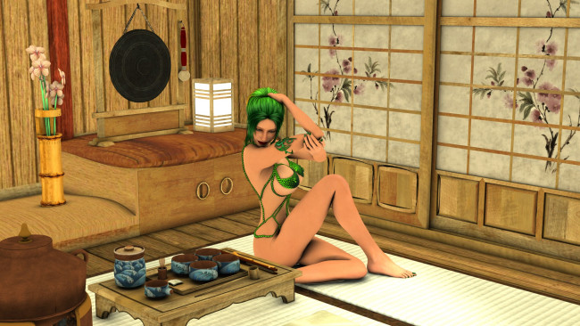 Обои картинки фото видео игры, dark heresy, девушка, интерьер, цветы, посуда, фон, взгляд