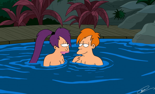 Обои картинки фото мультфильмы, futurama, бассейн, персонажи