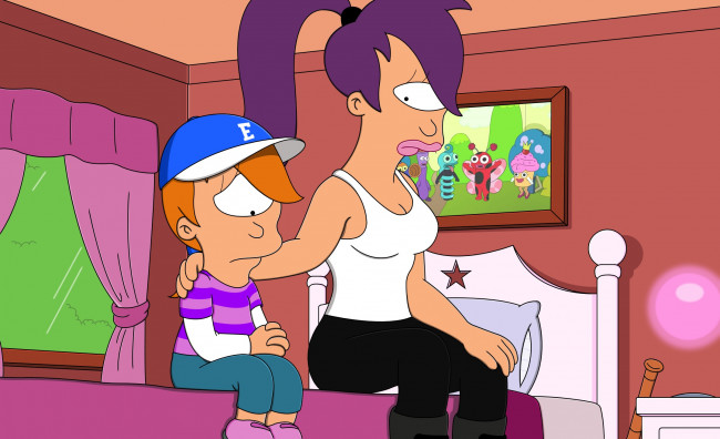 Обои картинки фото мультфильмы, futurama, картина, кровать, комната, персонажи