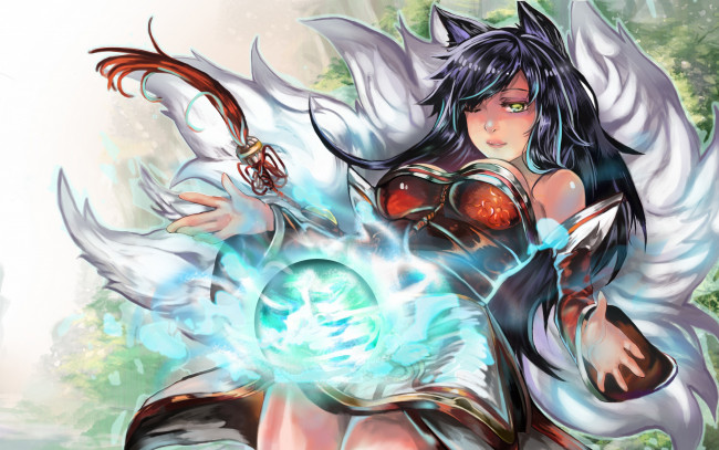 Обои картинки фото видео игры, league of legends, взгляд, магия, ahri, lol, league, of, legends, ушки, девушка, арт