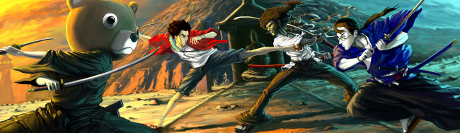 Обои картинки фото аниме, оружие,  техника,  технологии, афро-амурай, самурай, чамплоо, кроссовер