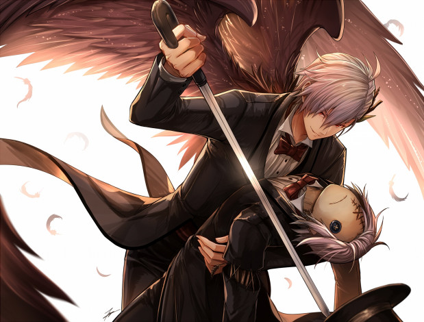 Обои картинки фото аниме, ангелы,  демоны, парень, фон, взгляд