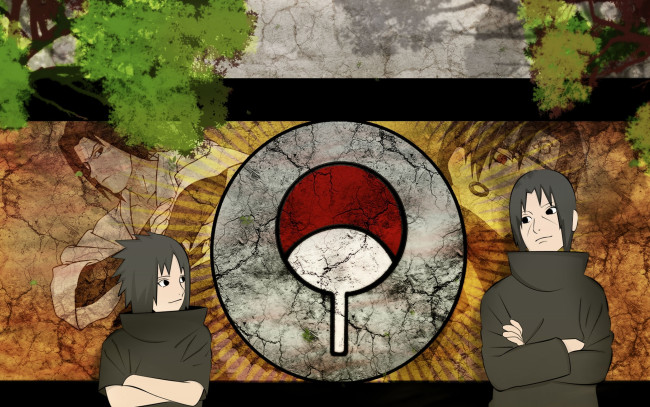 Обои картинки фото аниме, naruto, братья, знак, саске, итачи, учиха