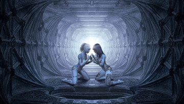 Картинка фэнтези роботы +киборги +механизмы киборги искусственный интеллект будущее голубой пространство свет серый тоннель фон футуристика люди человек девушки тату фантастика