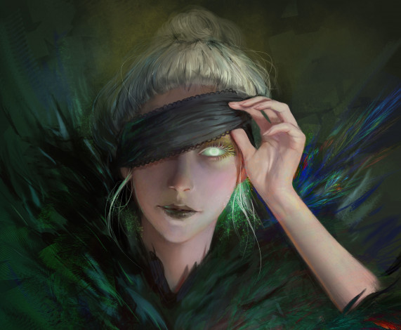 Обои картинки фото фэнтези, девушки, перья, девушка, повязка, фэнтази, арт, глаз, лицо