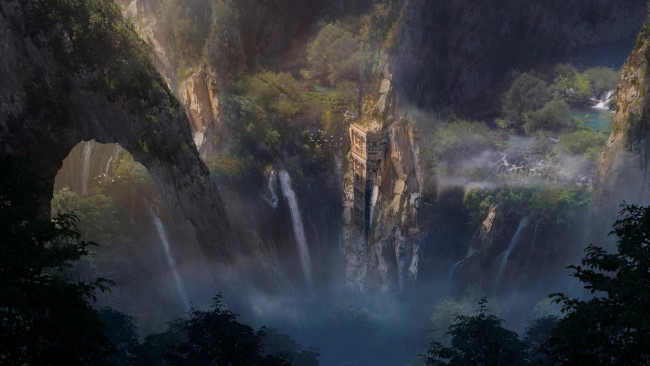 Обои картинки фото фэнтези, пейзажи, solitary, tower, julian, calle, горы, водопад, деревья, скалы, строение