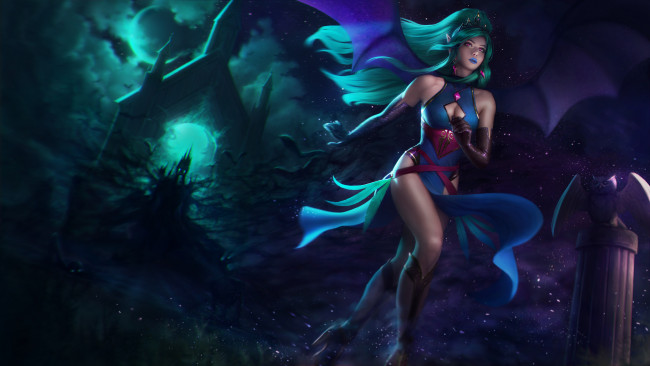 Обои картинки фото фэнтези, вампиры, крылья, арт, врата, вампир, луна, ночь, девушка, evelyn, грудь, тьма, ноги, платье, суккуб