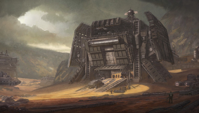 Обои картинки фото фэнтези, иные миры,  иные времена, транспорт, сооружение, desert, outpost, горы