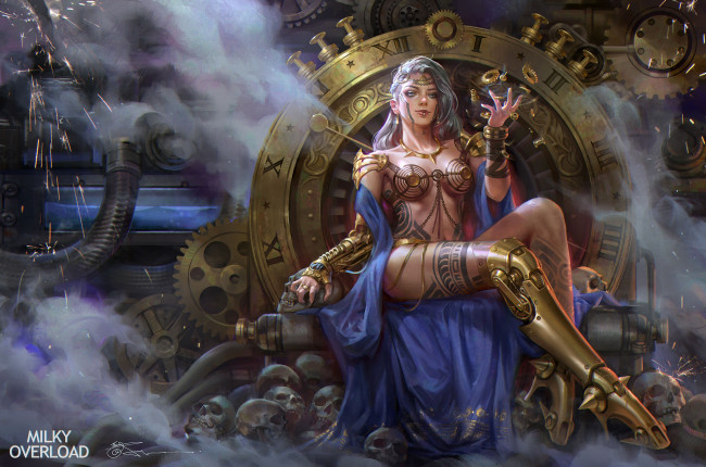 Обои картинки фото фэнтези, девушки, трон, эротика, девушка, поза, черепа, сидит, магия, арт, стимпанк