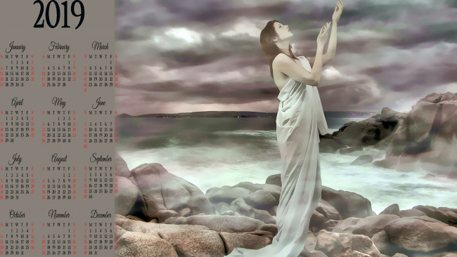 Обои картинки фото календари, фэнтези, камень, водоем, девушка, профиль