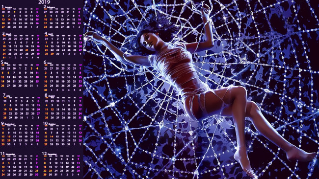Обои картинки фото календари, фэнтези, лежать, паутина, девушка