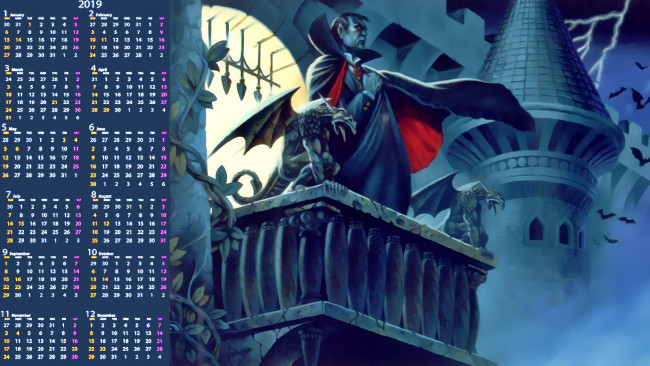 Обои картинки фото календари, фэнтези, замок, балкон, существо, мужчина, вампир