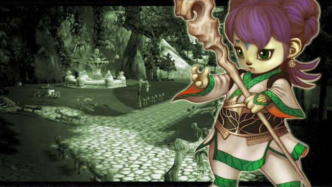 Обои картинки фото видео игры, 4 story, посох, площадь, фонтан, девочка