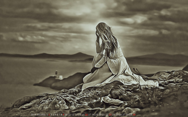 Обои картинки фото календари, компьютерный дизайн, ожидание, сидеть, маяк, водоем, девушка