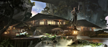 Картинка рисованное кино +мультфильмы дома река статуя скалы деревья