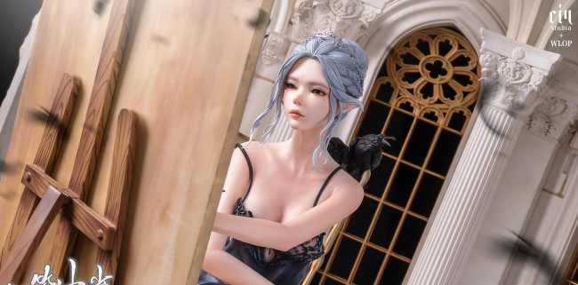 Обои картинки фото фэнтези, эльфы, мольберт, художница, эльфийка, ворон