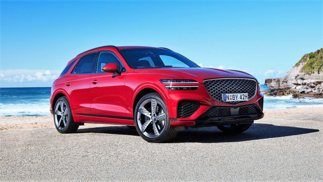 Обои картинки фото genesis gv70 2, 5t awd, автомобили, genesis, красный, море, берег, скала