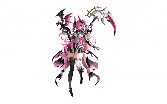 Обои картинки фото аниме, ангелы,  демоны, девушка, рога, оружие, дракон