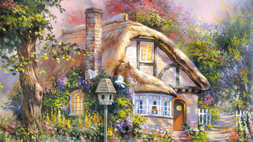 обоя 295785, рисованное, природа, домик