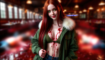 Картинка мика +по+книге+“дингир” 3д+графика ужас+ horror красивые девушки рыжие волосы зелёные глаза кровь на теле откровенные фото мрачные арты ужасы про маньяков книжные персонажи из книг злодейка психопатка