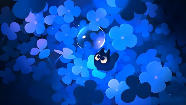 Обои картинки фото рисованное, животные,  коты, кот, глаза, пузырь, цветы