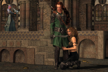 Картинка 3д графика fantasy фантазия девушка мужчина меч сова