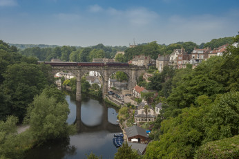 Картинка knaresborough england города мосты англия нерсборо пейзаж панорама river nidd река поезд