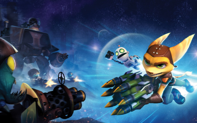 Обои картинки фото ratchet, clank, full, frontal, assault, видео, игры, ракеты, робот, стрельба