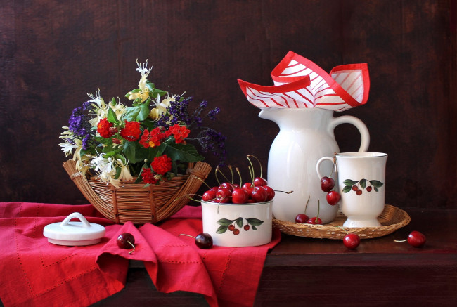 Обои картинки фото еда, вишня, черешня, кувшин, букет