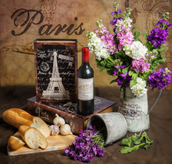 Картинка еда натюрморт чеснок бутылка багет левкой