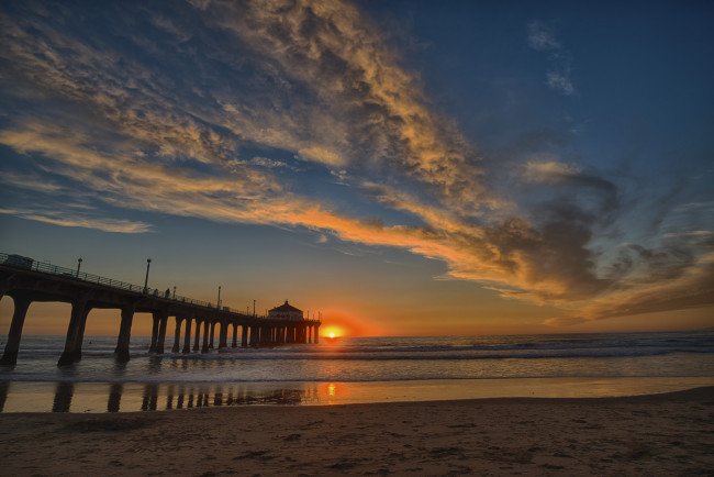 Обои картинки фото природа, восходы, закаты, горизонт, мост, пляж, океан, заря
