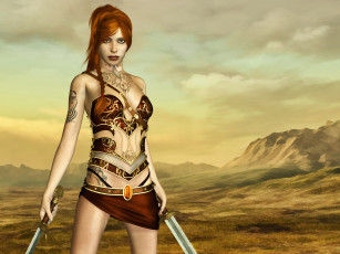 Картинка 3д+графика фантазия+ fantasy горы фон взгляд девушка оружие облака