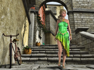 Картинка 3д+графика люди+ people лестница фон взгляд девушка дом велосипед