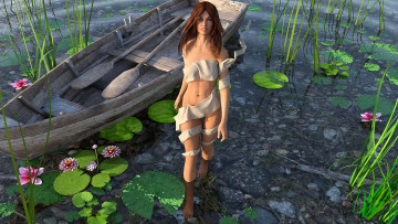 Картинка 3д+графика люди+ people фон взгляд лодка лилии вода девушка
