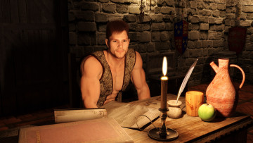 Картинка 3д+графика люди+ people книги мужчина взгляд фон стол свеча